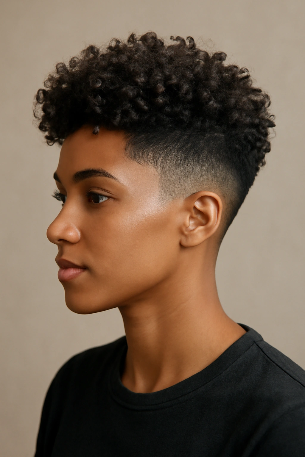 Tapered fade with curls on top featuring sharp sides and voluminous top curls