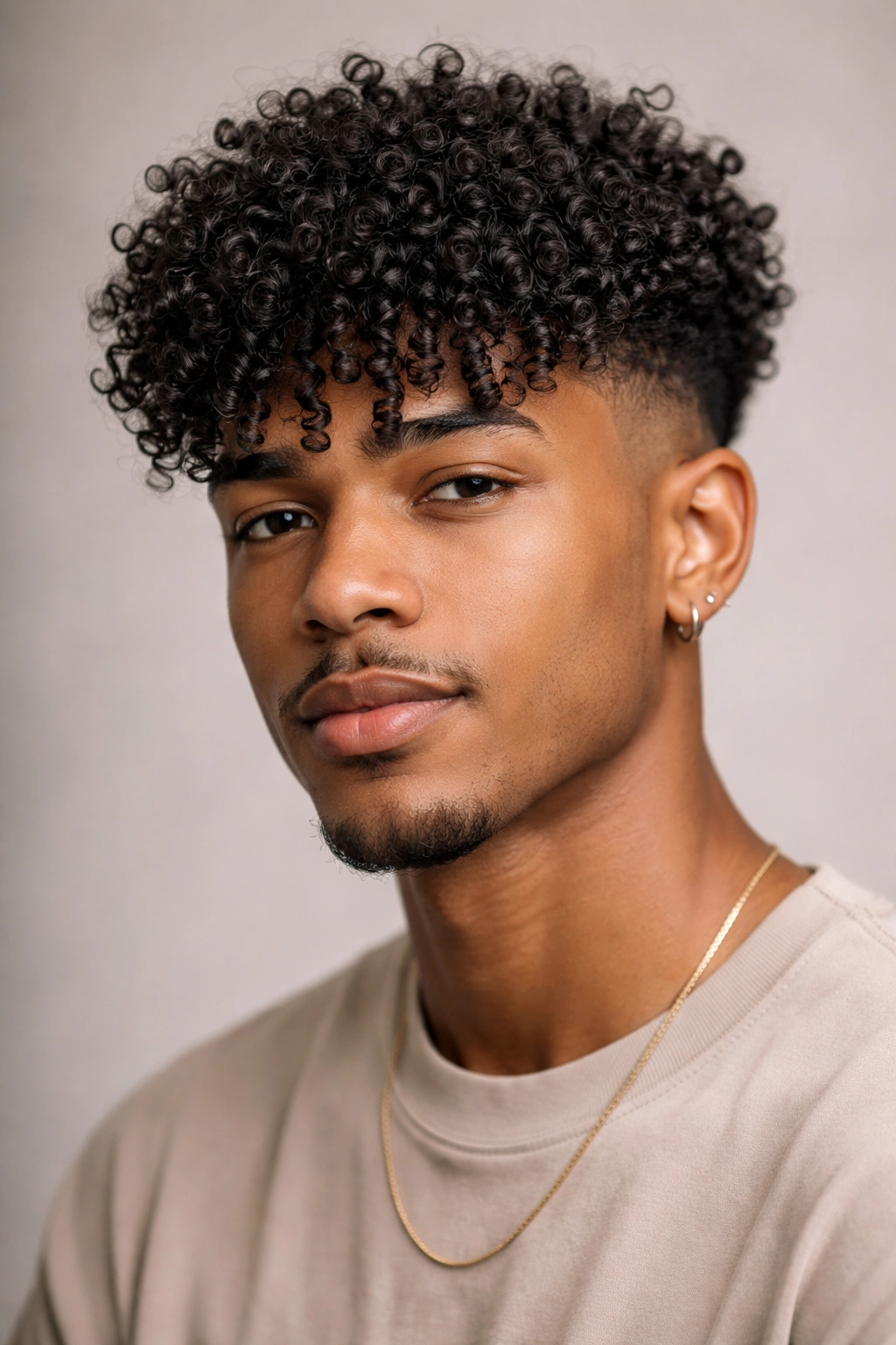 Close-up of tapered fade with curly top and curly bangs framing the face