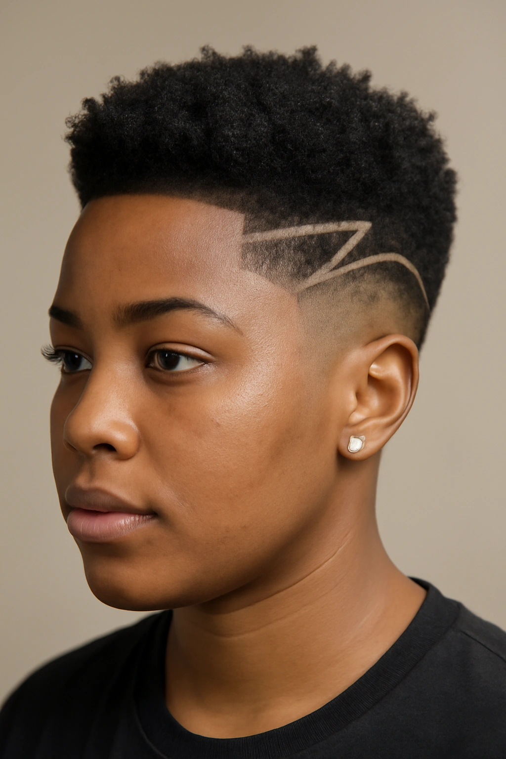 12 Flattering Hairstyles for Black Women With Round Faces 6 Black woman with tapered fade and geometric designs