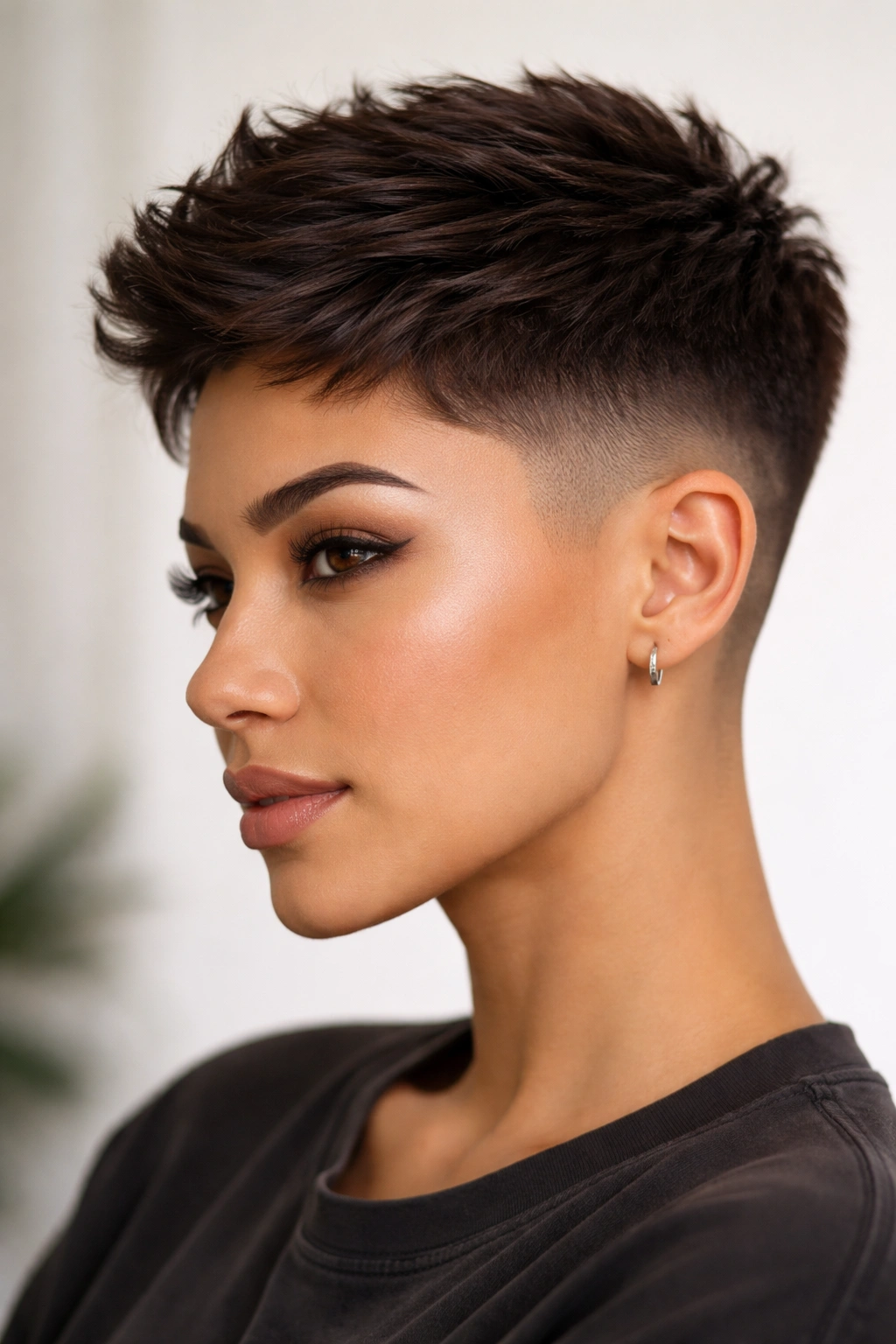 Tapered fade hairstyle in espresso brown tones, front view