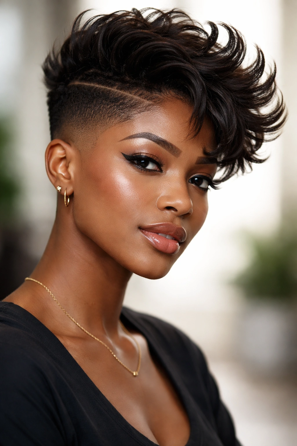 Portrait of a Black woman with tapered fade and flipped top.