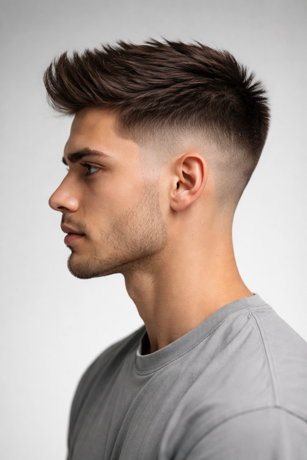 Side-profile of head with a tapered fade on top and short sides