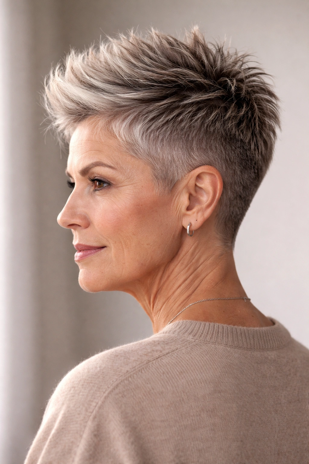 10 Short Spiky Hairstyles For Women Over 50 3 Profile of a mature woman with a tapered fade on the sides and a lifted, textured top.