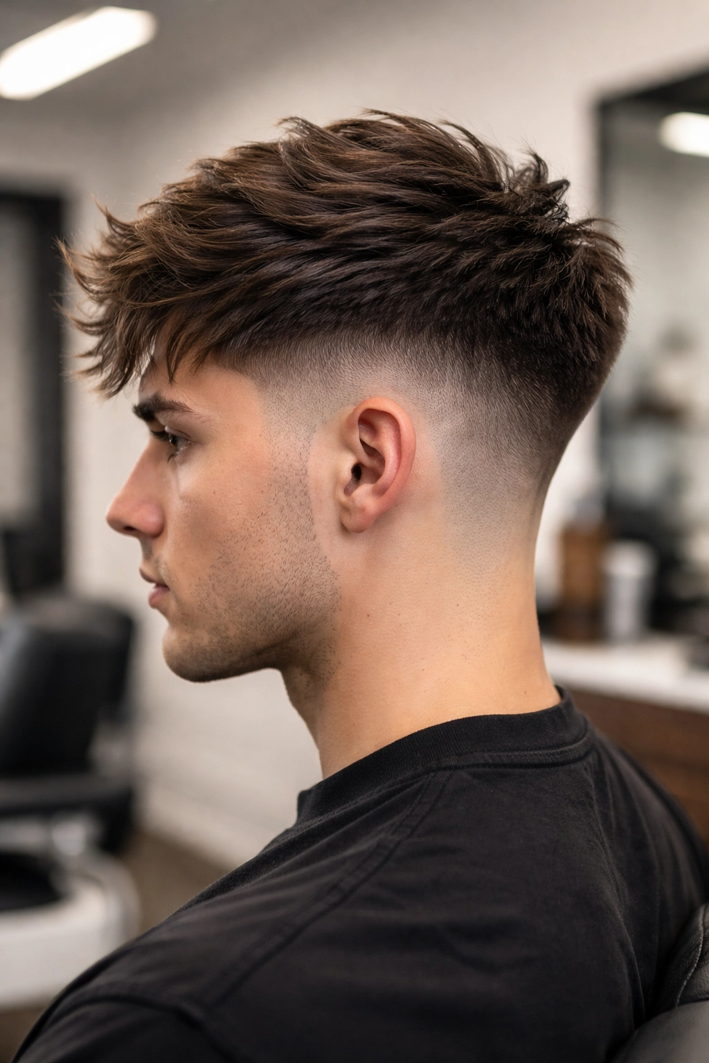15 Short Layered Haircuts With Beautiful Movement 9 Side profile of tapered layered fade showing high fade on sides and textured top