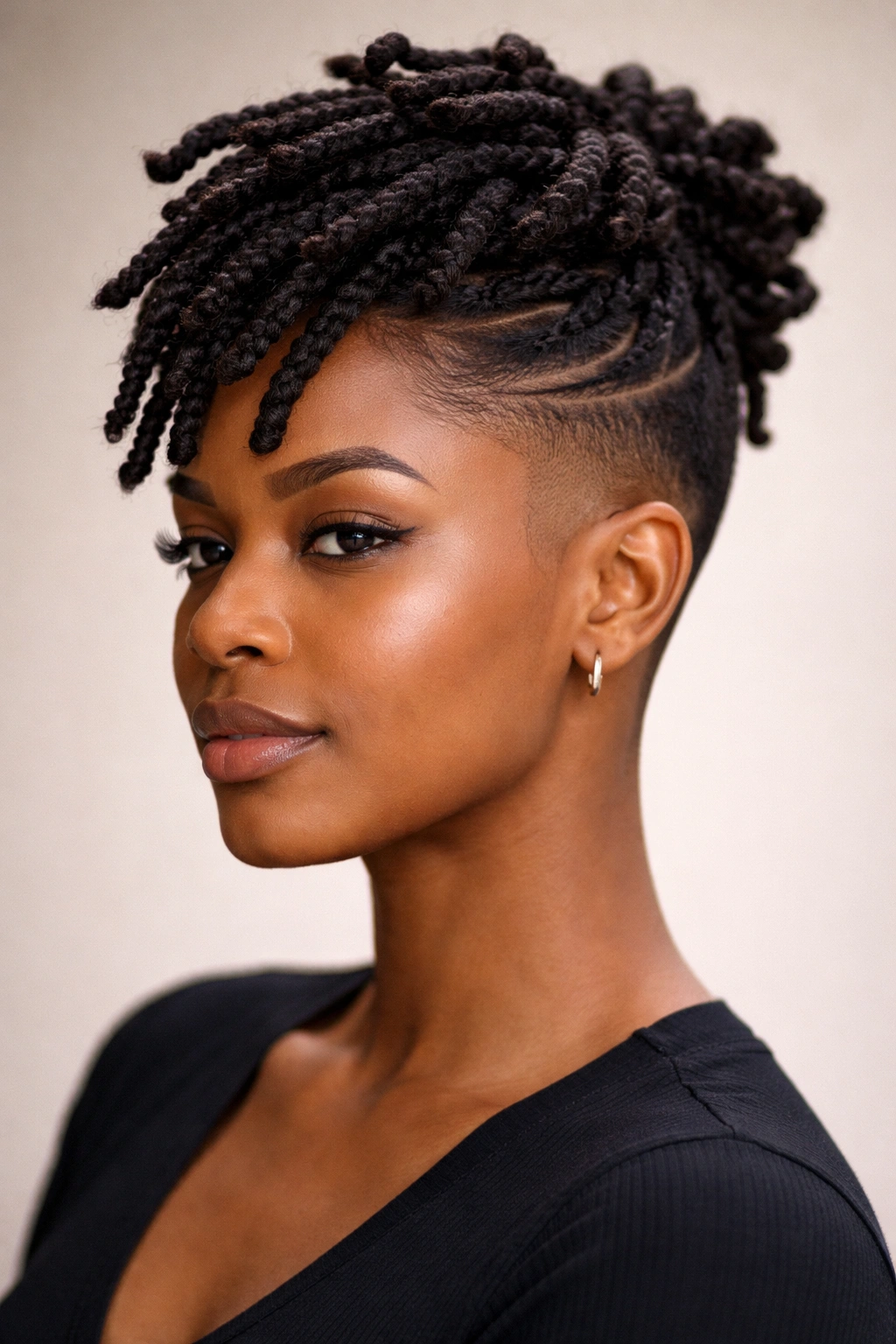 Portrait of a Black woman with tapered fade and locs on top