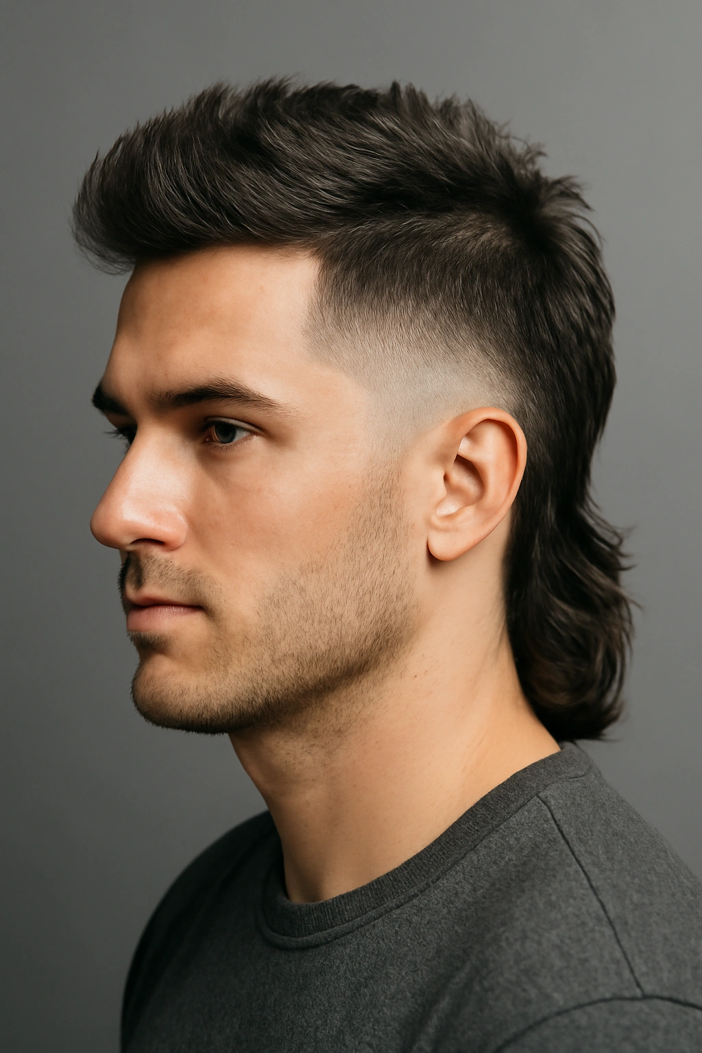 10 Mullet Haircuts That Suit Thick Heavy Hair 3 Three-quarter view of a tapered fade mullet with skin fade on sides