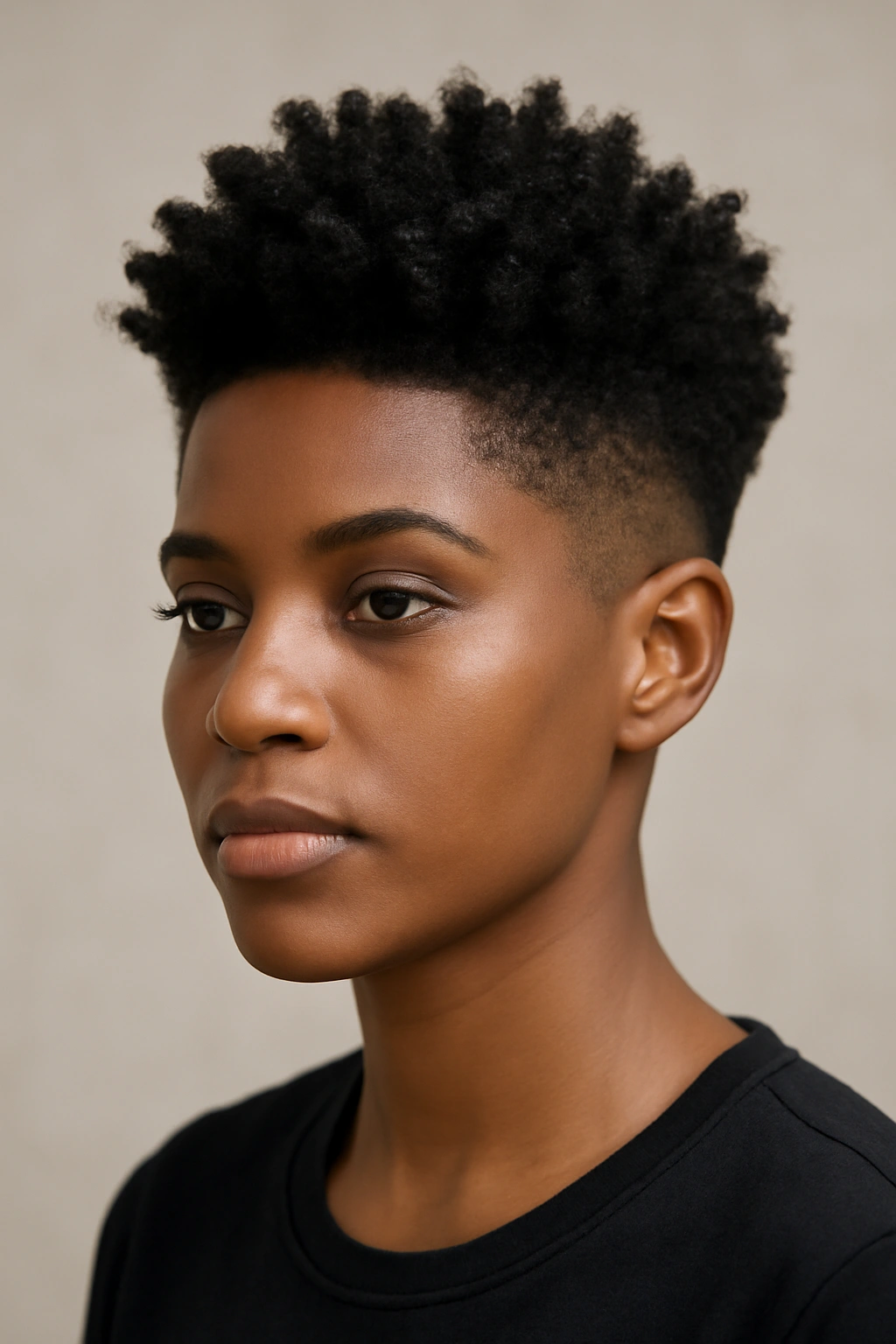 20 Short Natural Hairstyles for Black Women to Save 1 Portrait of a Black woman with a tapered fade and full textured top.