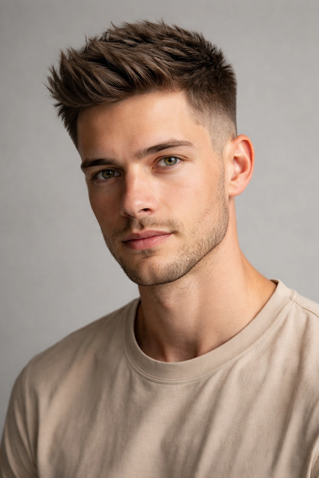 Portrait of a person with a tapered fade on oblong face, showing very short sides and textured top.