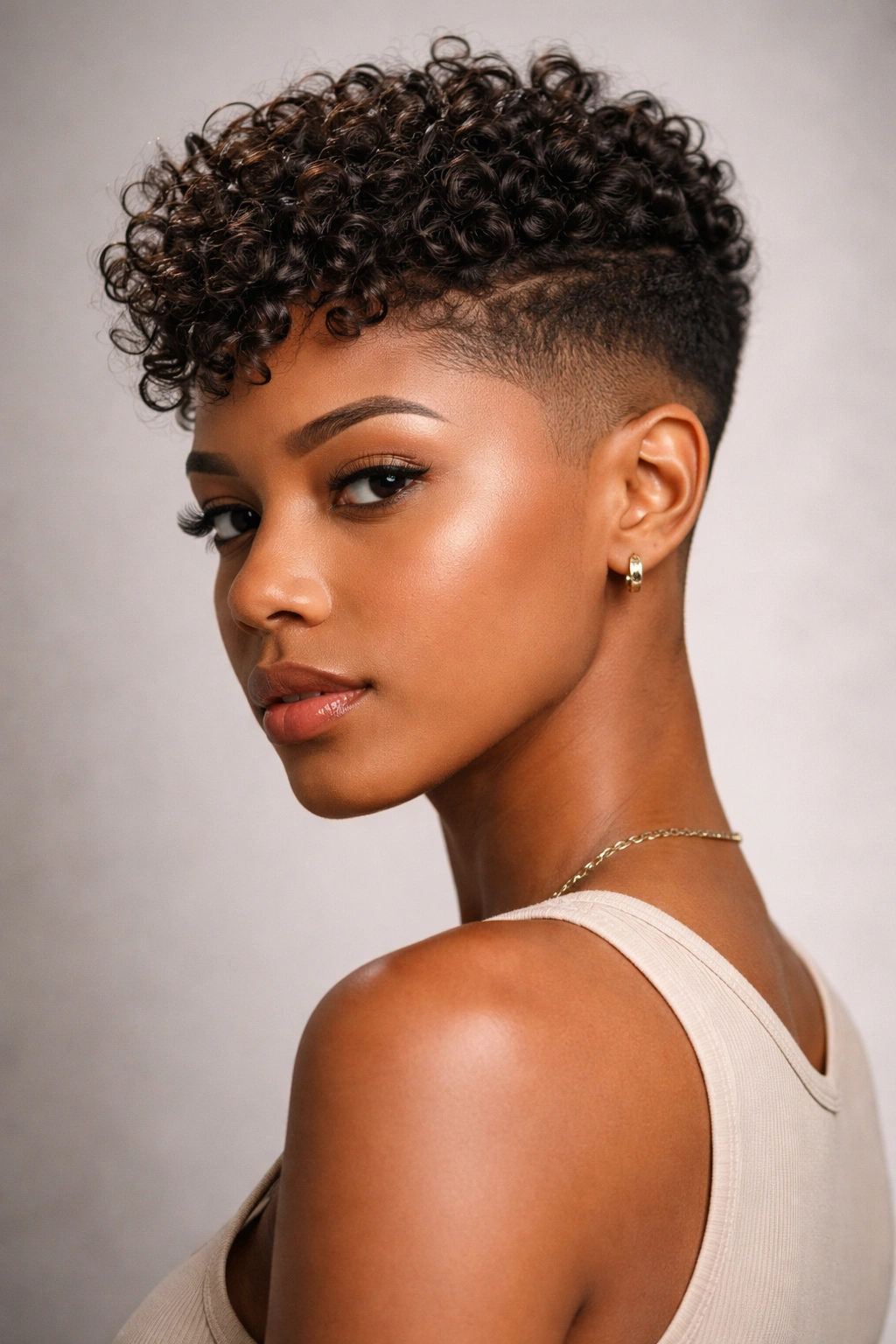 Close-up portrait of a model with a tapered fade pixie showing short sides and a textured curly crown.