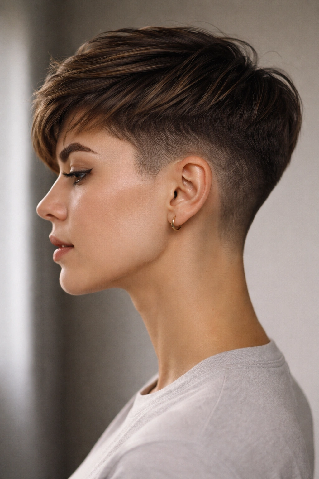 Profile view of a tapered fade pixie with ears tucked