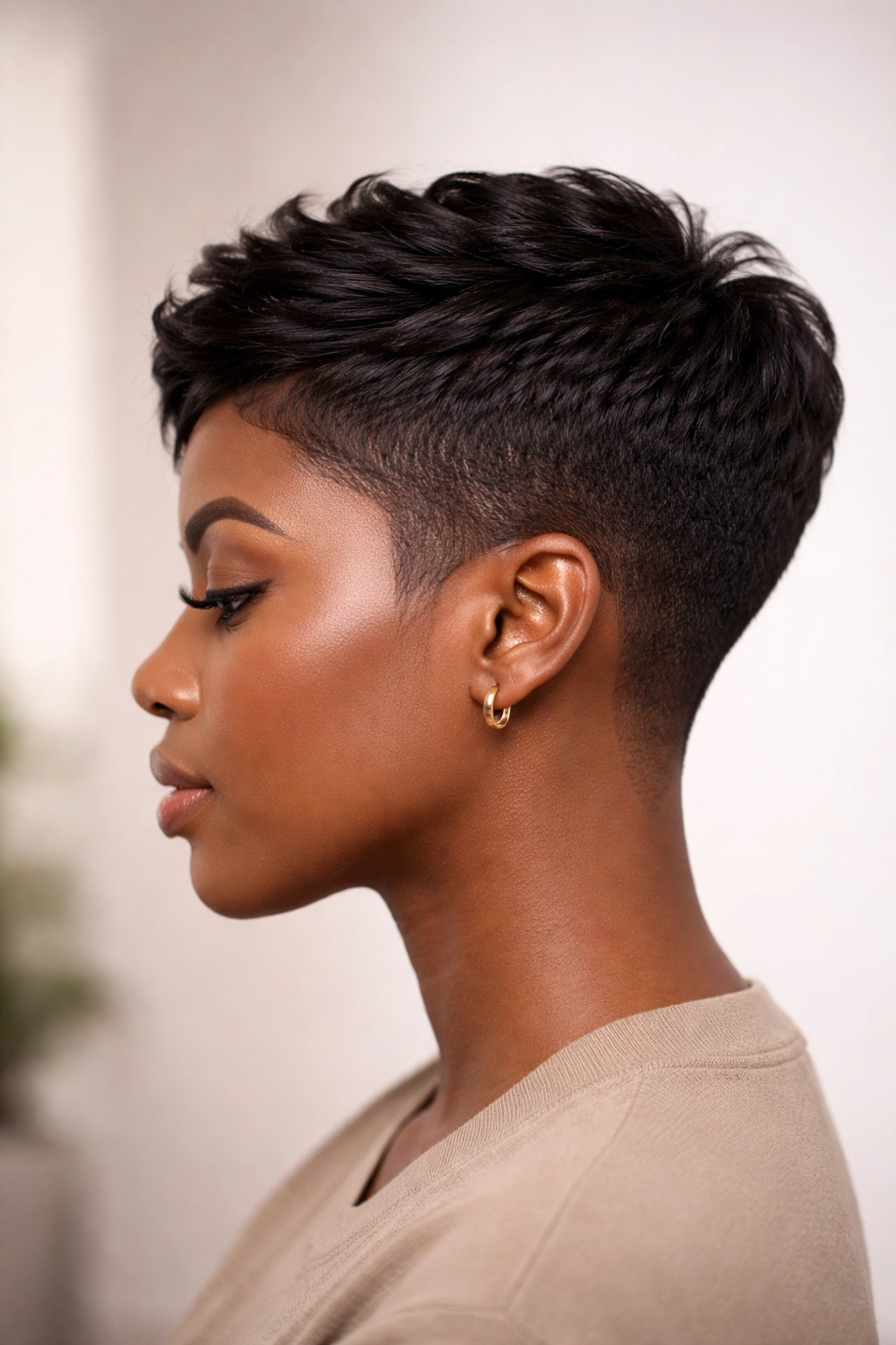 Side profile of a head showing a sharp tapered fade on relaxed hair.