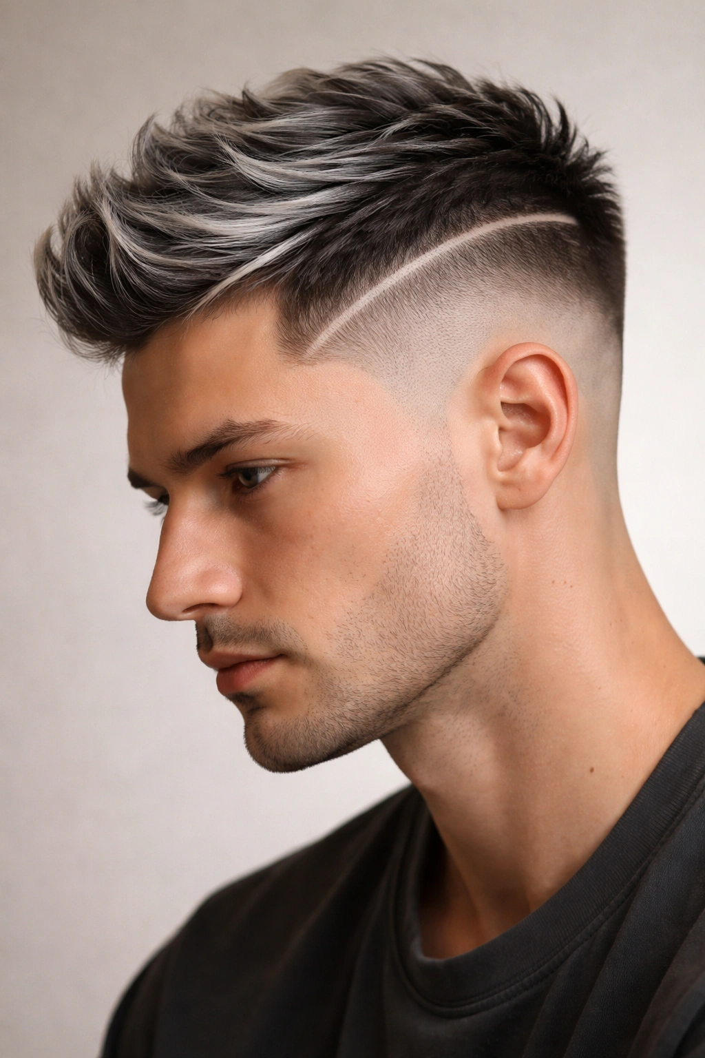 10 Short Haircuts Accented With Soft Gray Highlights 7 Close-up portrait of a head with a tapered fade and silver highlights emphasizing precision and geometry.