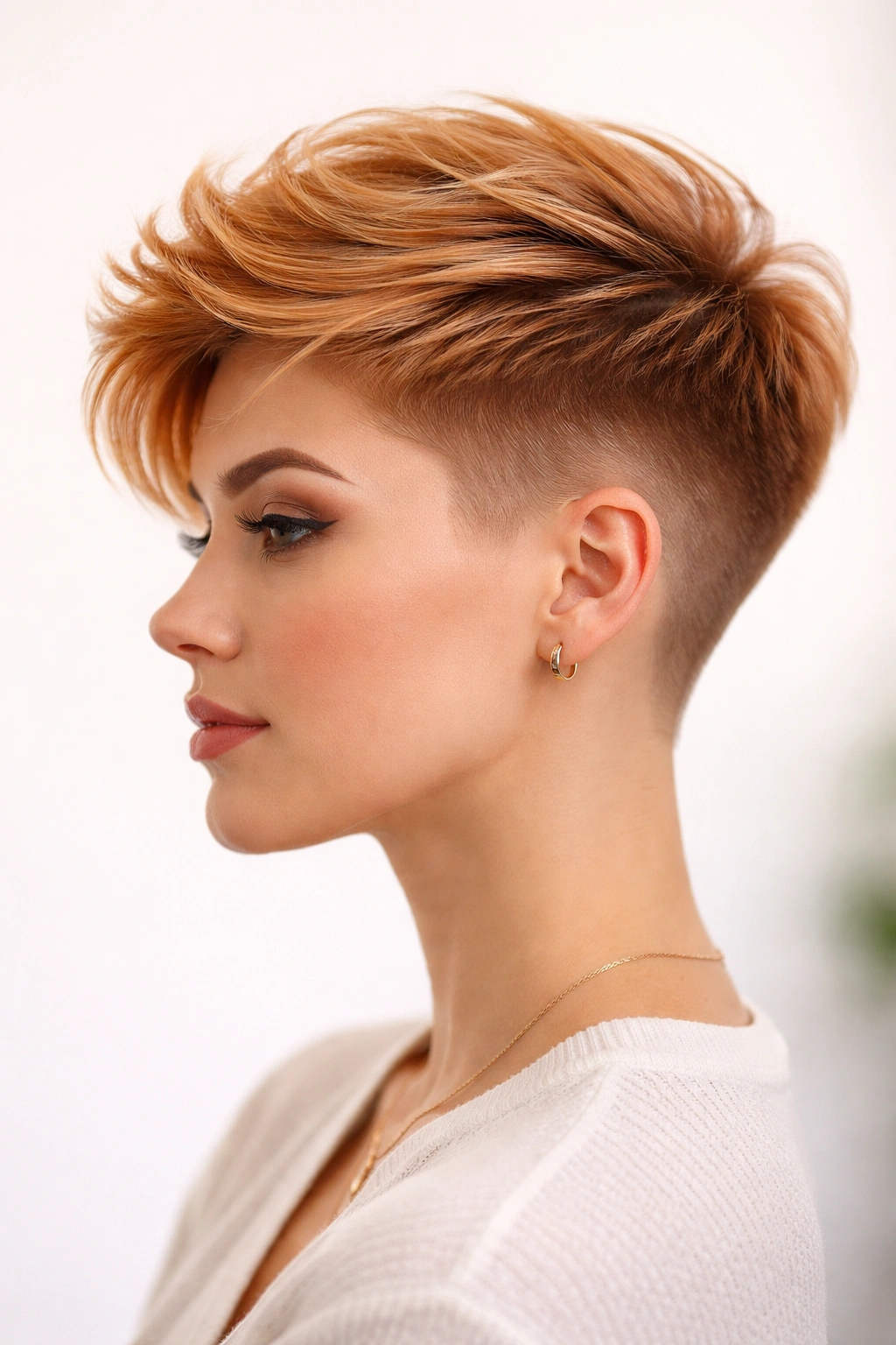 Tapered fade hairstyle with longer top in strawberry blonde.
