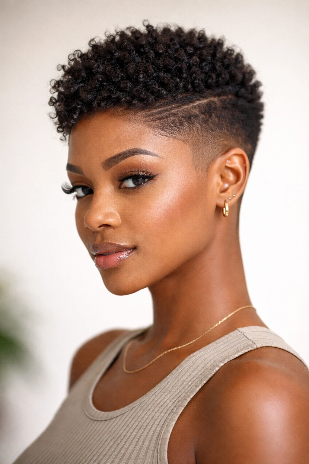 Close-up of a taper fade with textured top and blended sides in a studio setting