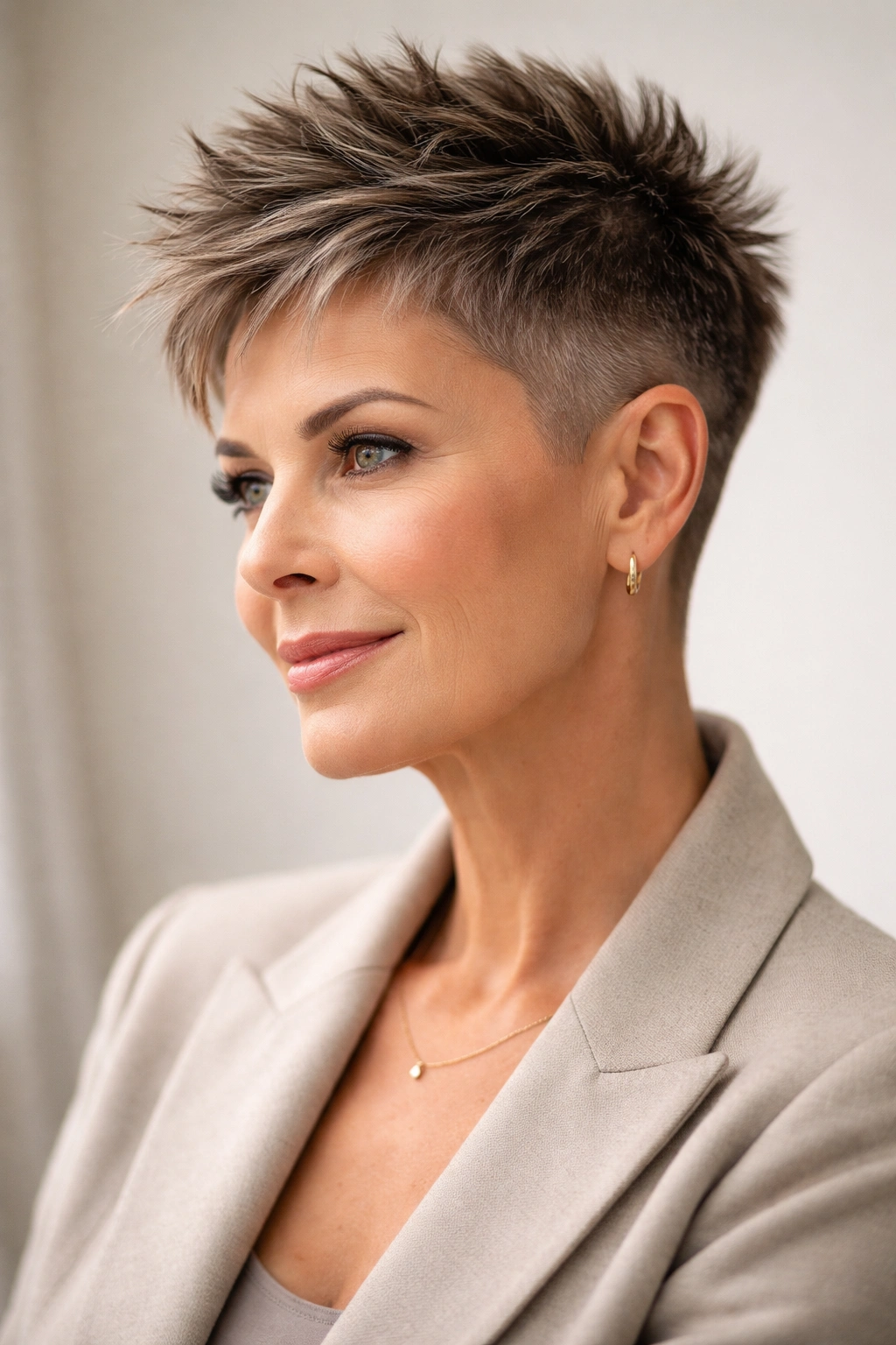 Portrait of a woman over 50 with a modern tapered fade and textured top