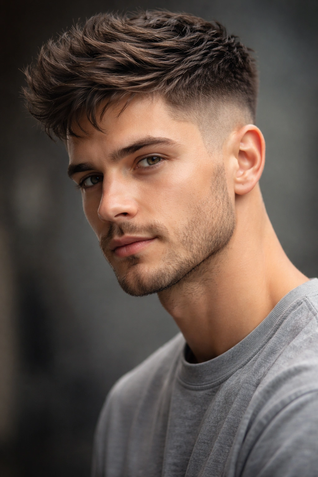 Close-up of a tapered fade with textured top and disconnected layers