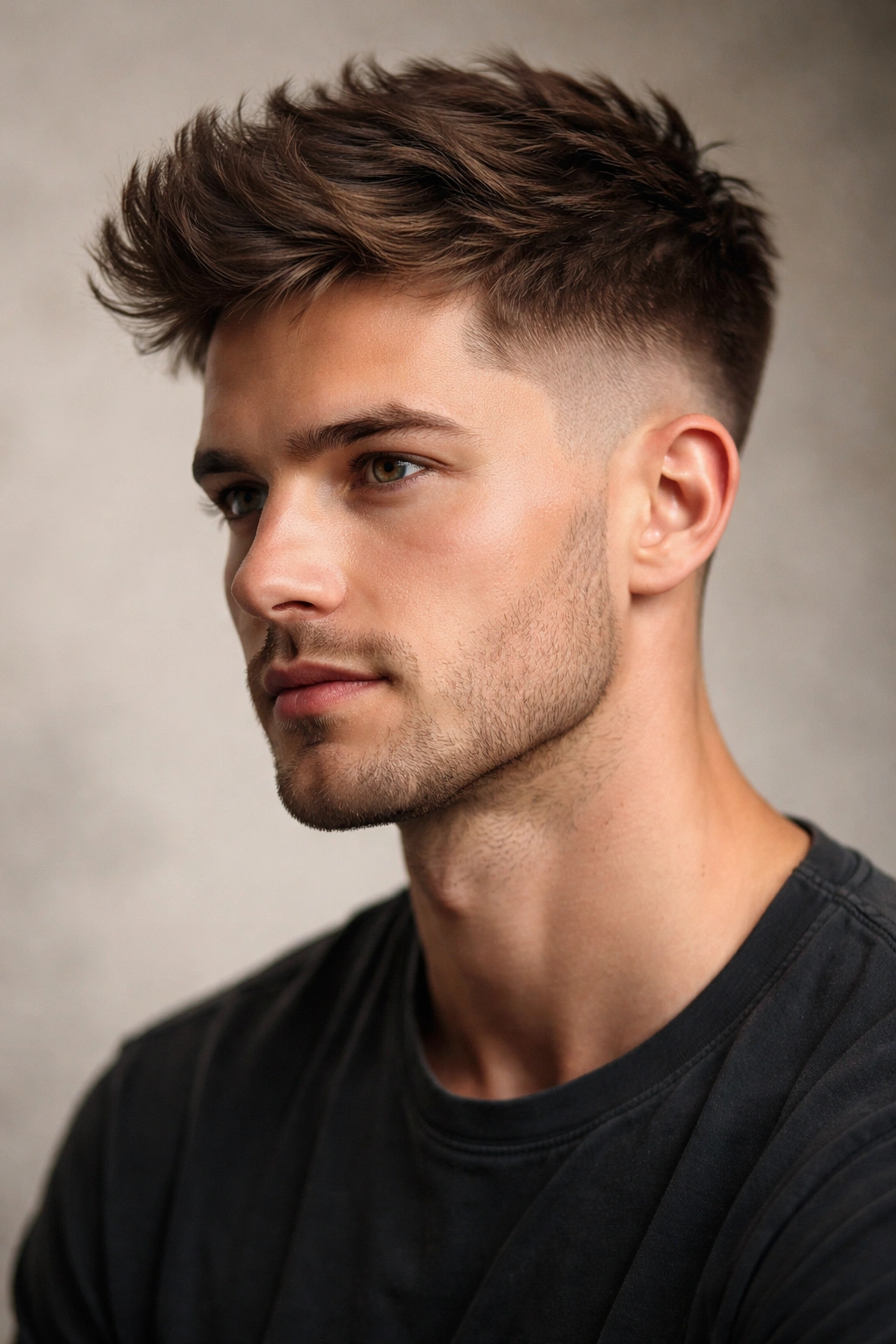 15 Short Haircuts Made For Heart Shaped Faces 15 Portrait of a man with a tapered fade and textured top under studio lighting