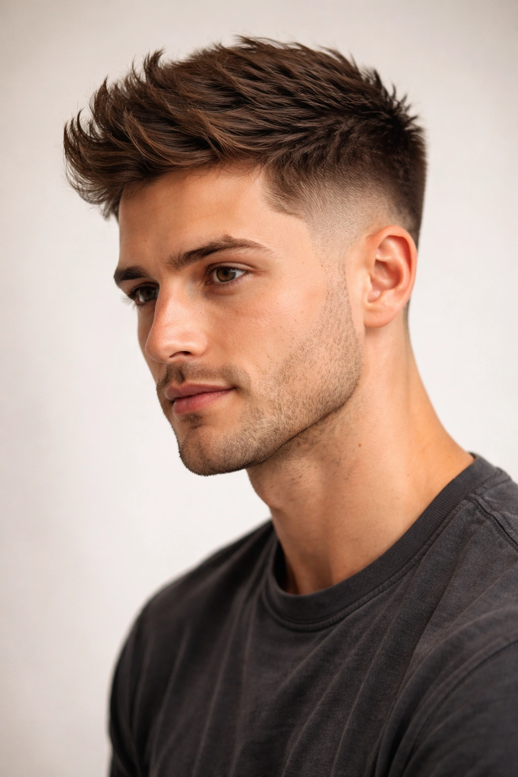 15 Short Haircuts That Look Great On An Oval Face 9 Portrait of a person with a tapered fade and textured top, highlighting oval-face proportions