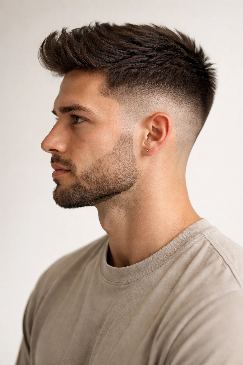 Side profile of tapered fade with longer top and tight side fade