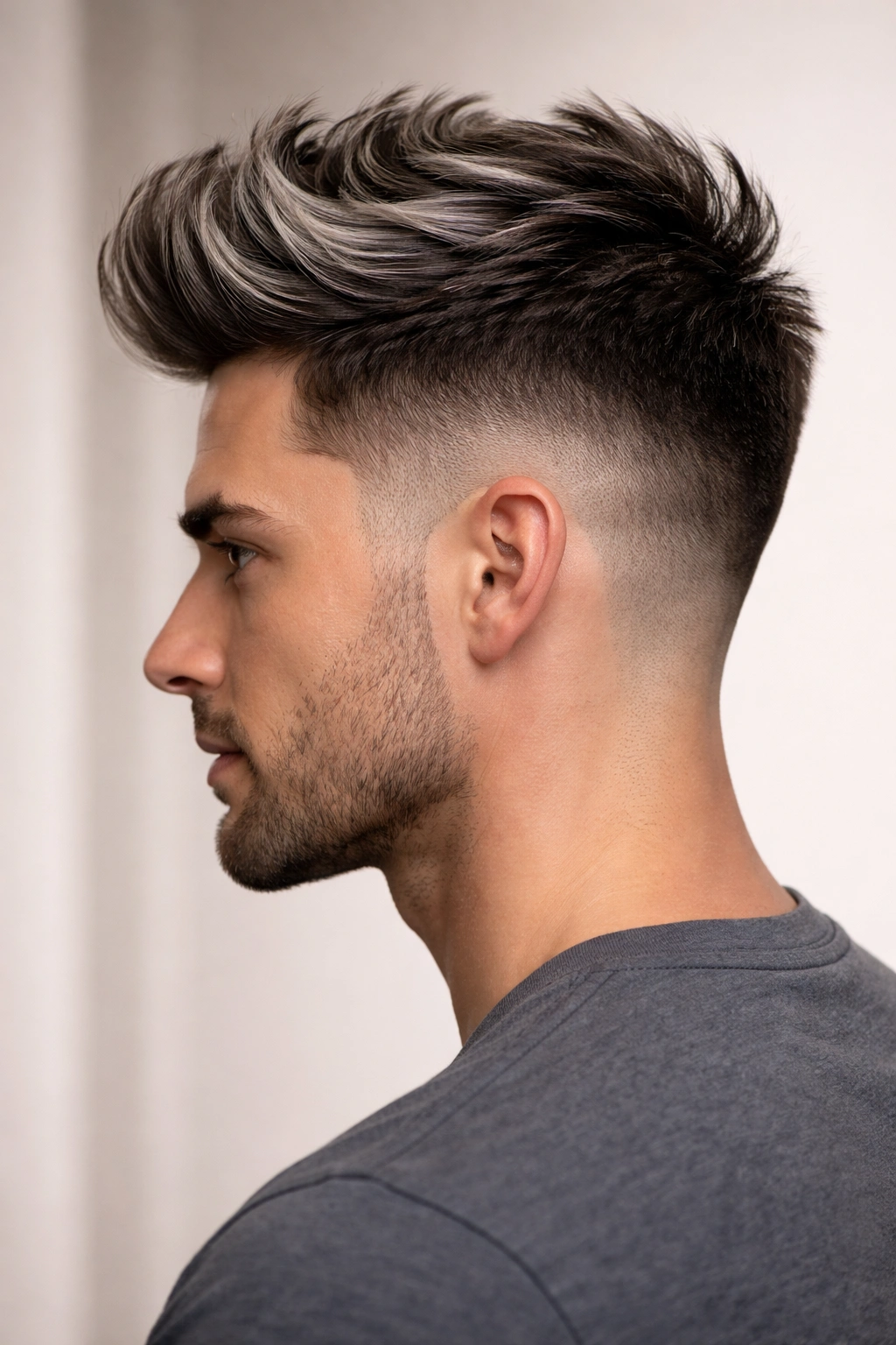Tapered nape fade with voluminous top and gray highlights