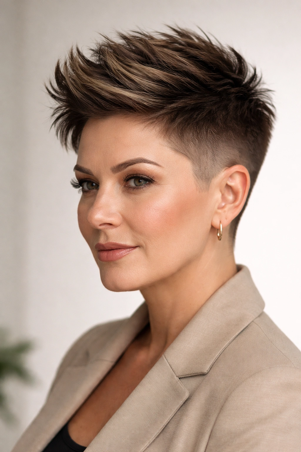 Portrait of a person with tapered fade sides and long textured top in studio lighting