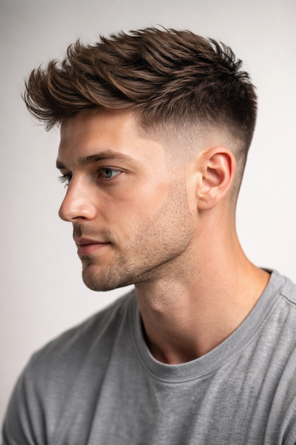 Tapered fade on sides with textured top viewed from three-quarter angle.