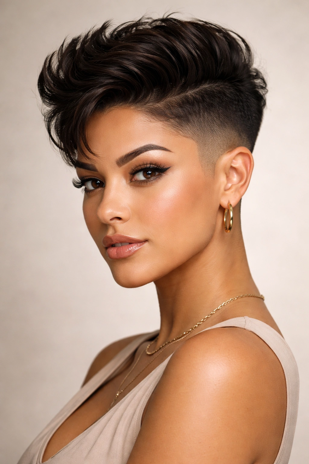 Latina woman with tapered fade and voluminous top hairstyle
