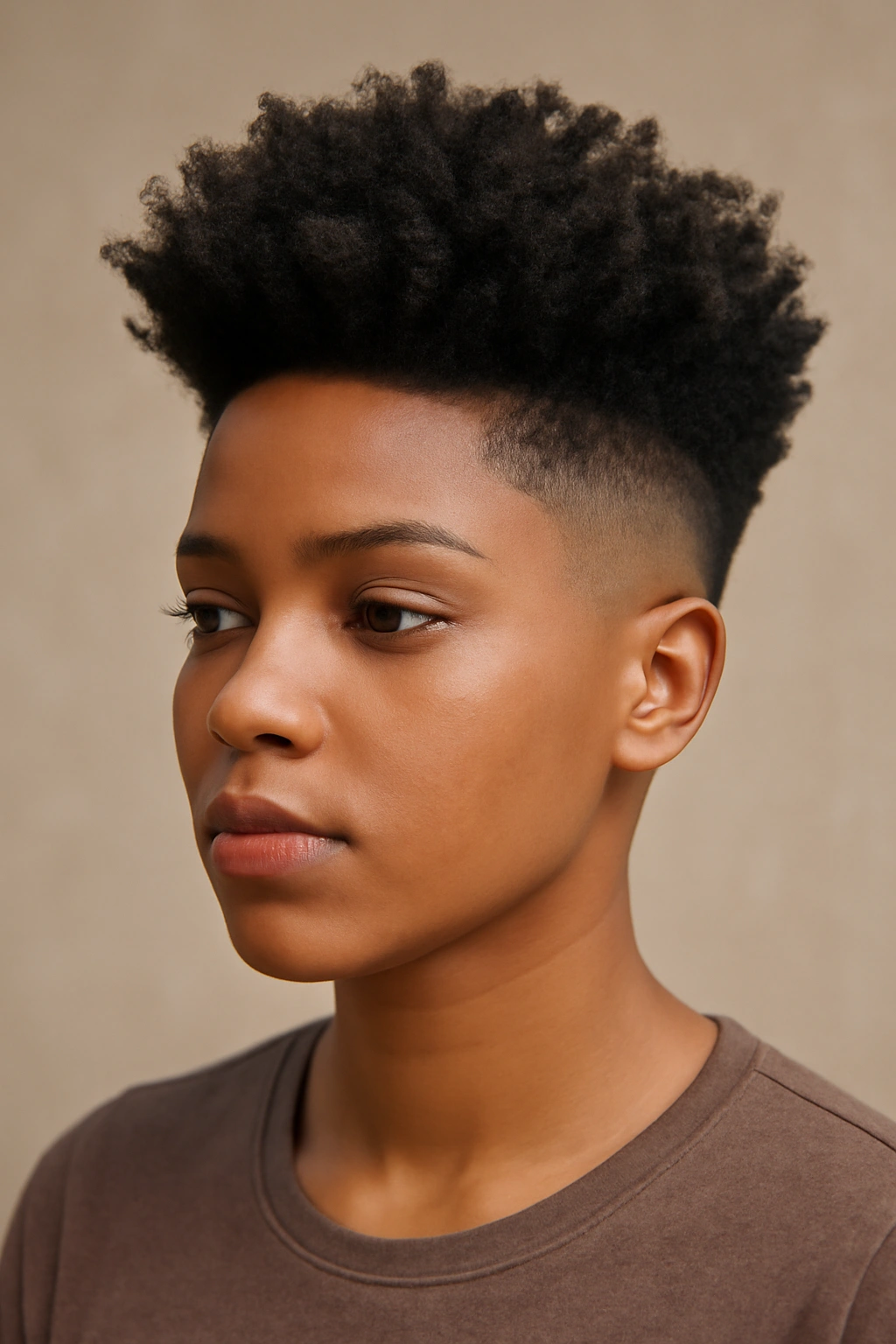 12 Short Relaxed Hairstyles Black Women Will Love 3 Portrait of a woman with a tapered fade and voluminous top, high-contrast styling