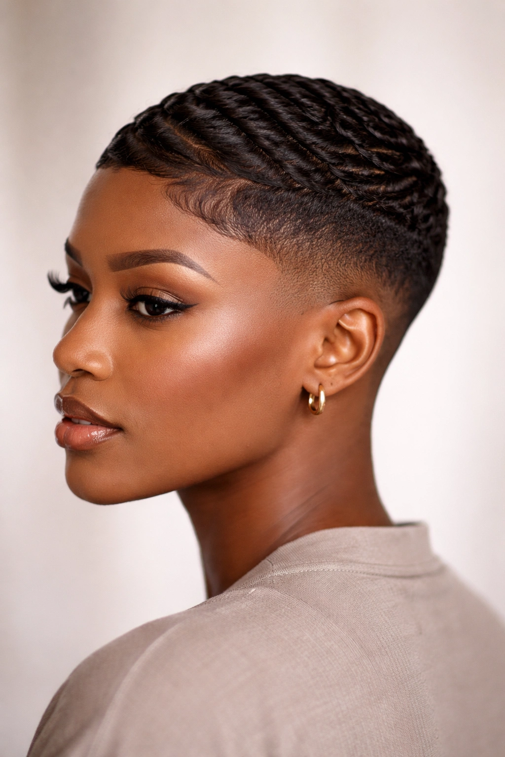 Close-up of a Black woman with a tapered fade and top waves in studio lighting