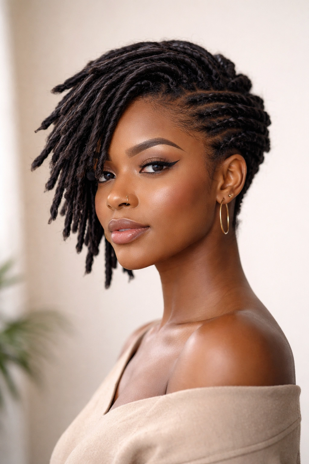 Short hair styled into tapered faux locs with wrapped ends