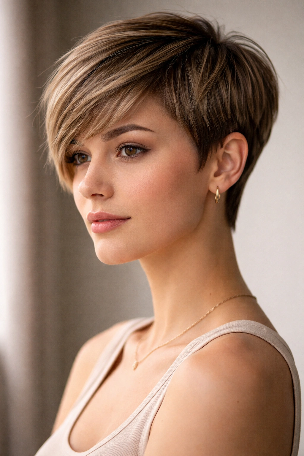 The Tapered Fringe with longer front fringe sweeping across the forehead.