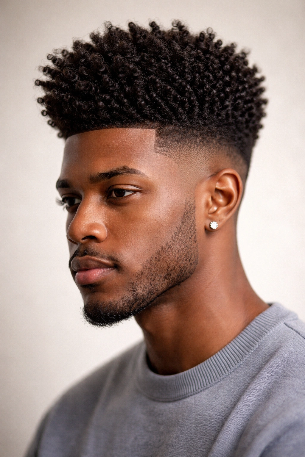 Close-up of a classic tapered high-top with tight coils and a crisp side fade.