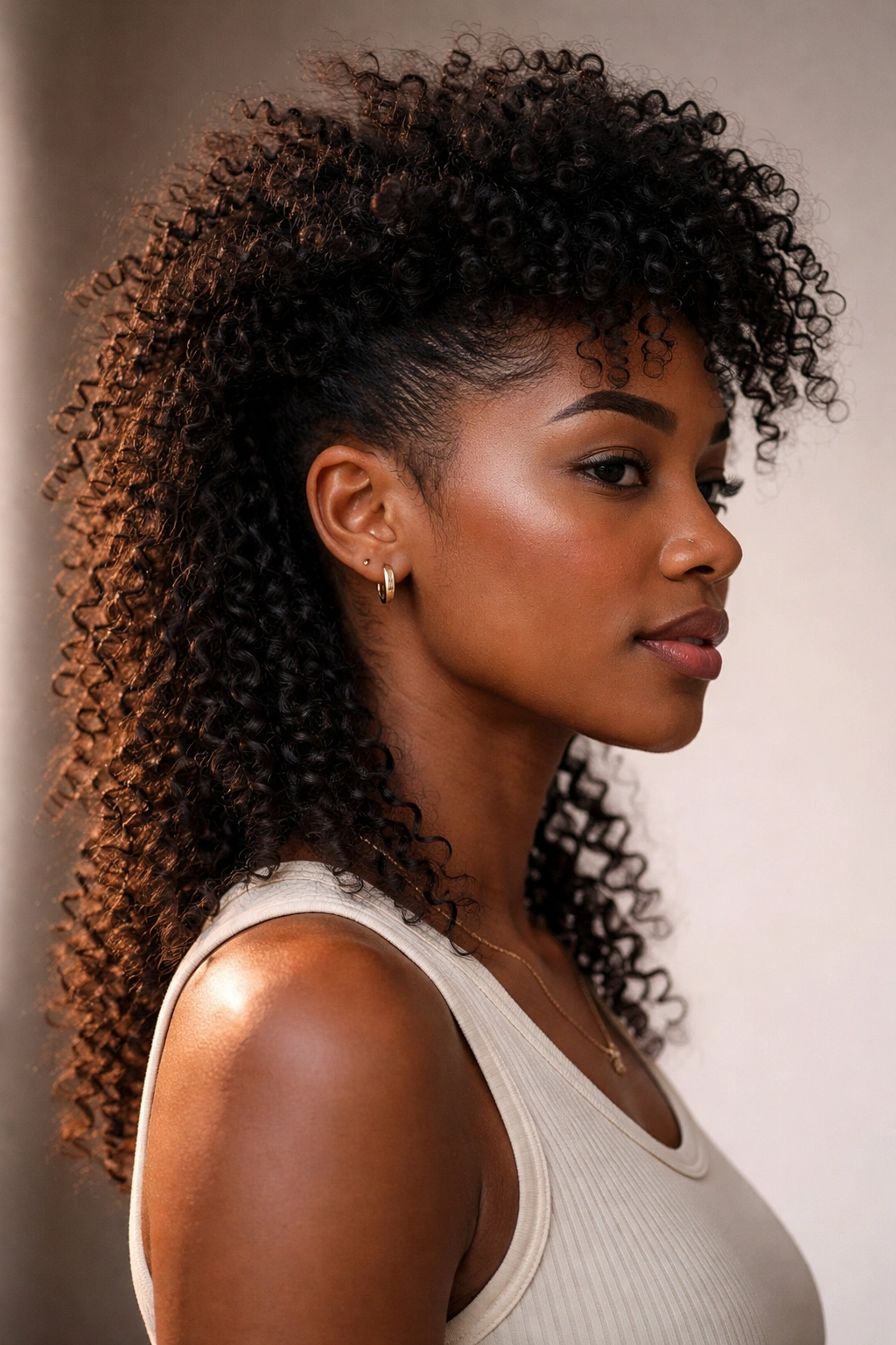 12 Curly Mullet Cuts With Serious Texture And Body 5 Three-quarter view of tapered kinky mullet with sides tapered and full kinky crown.