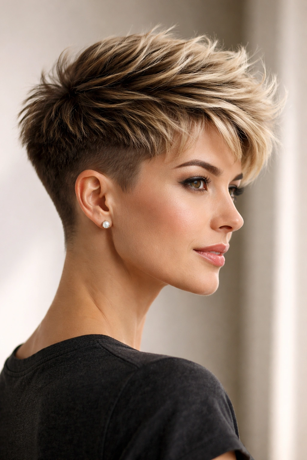 Tapered layered hairstyle with short sides and longer textured top