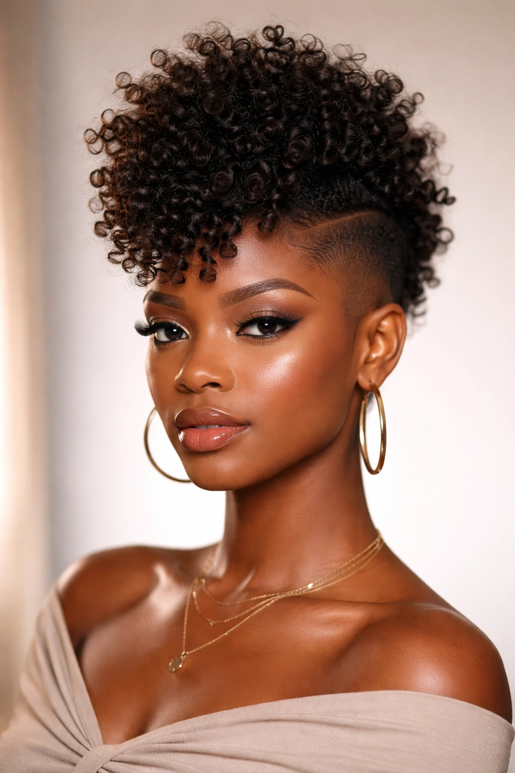 Portrait of a Black woman with a tapered mohawk and central curls.