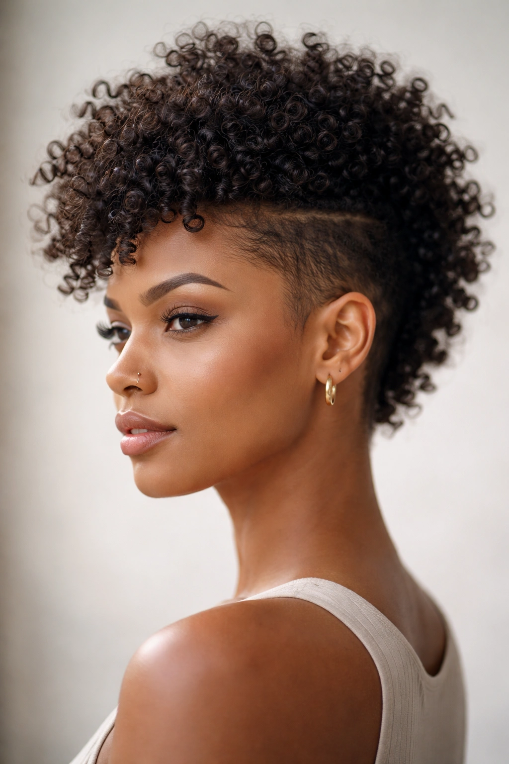 8 Curly Mohawk Styles That Stand Out On Women 8 Close-up portrait of a woman with tapered sides and natural coils in a curly Mohawk