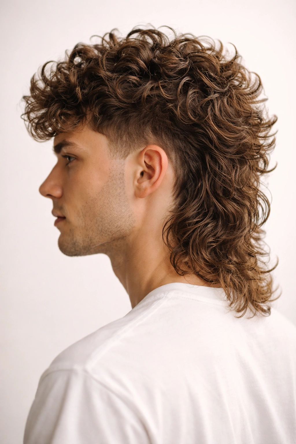 Tapered Textured Mullet showing tapered sides and layered crown curls