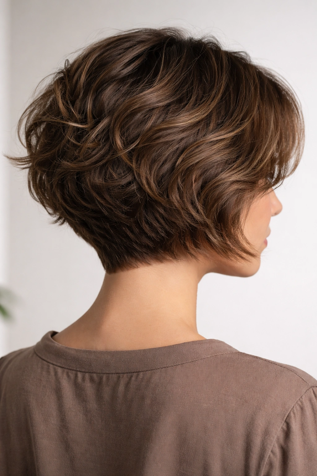 Back view of curly bob with tapered nape and textured layers