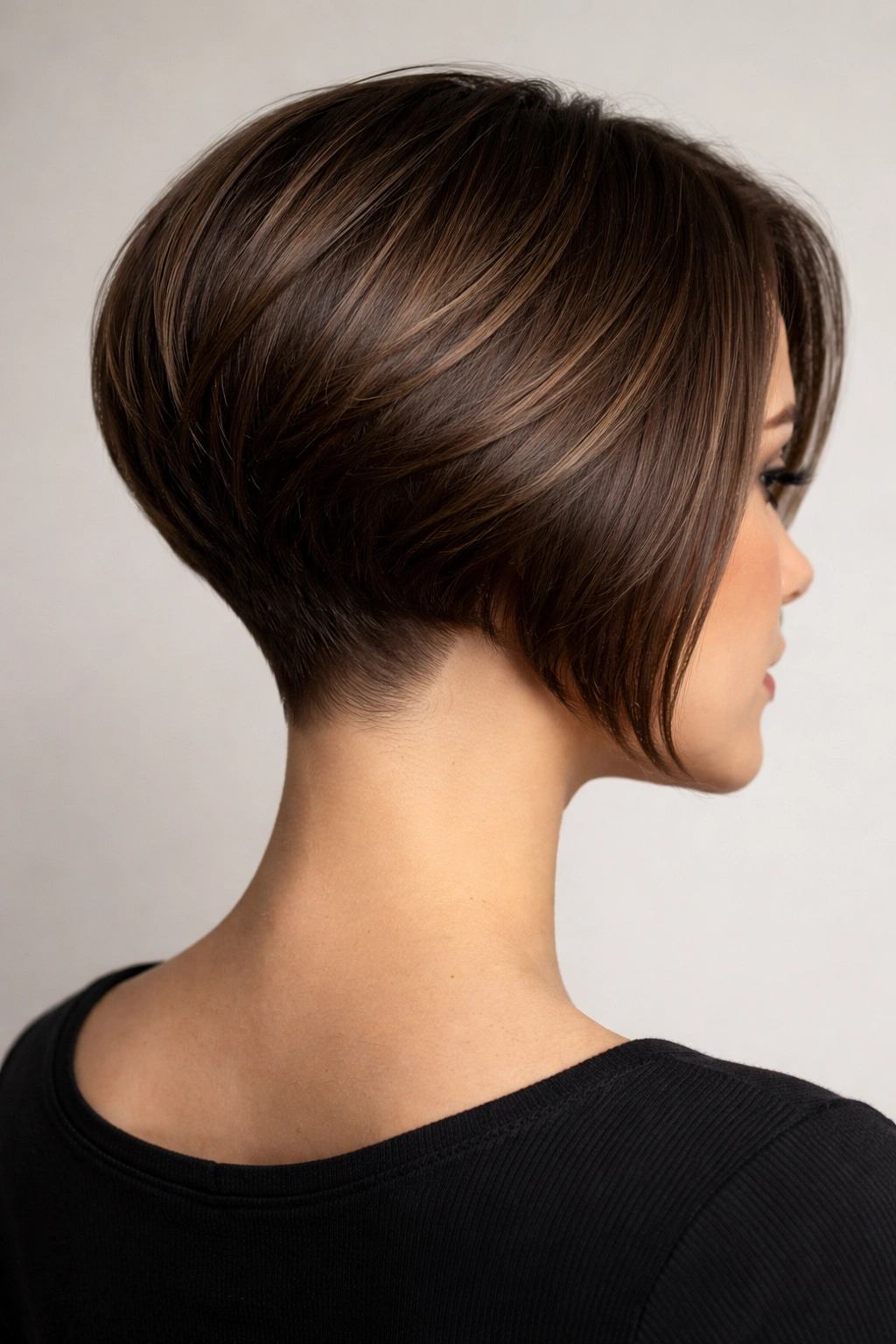 Tapered nape inverted bob showing curved back neck and front length