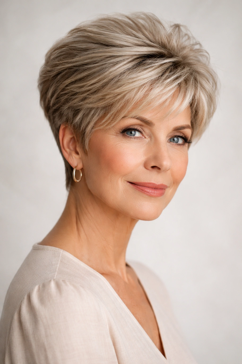 Portrait of a model with a tapered nape and voluminous top creating lift.