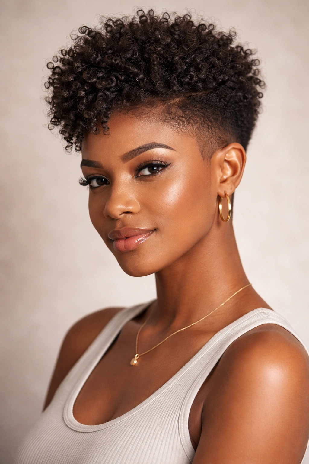 Front portrait of a person with a tapered natural haircut and springing curls