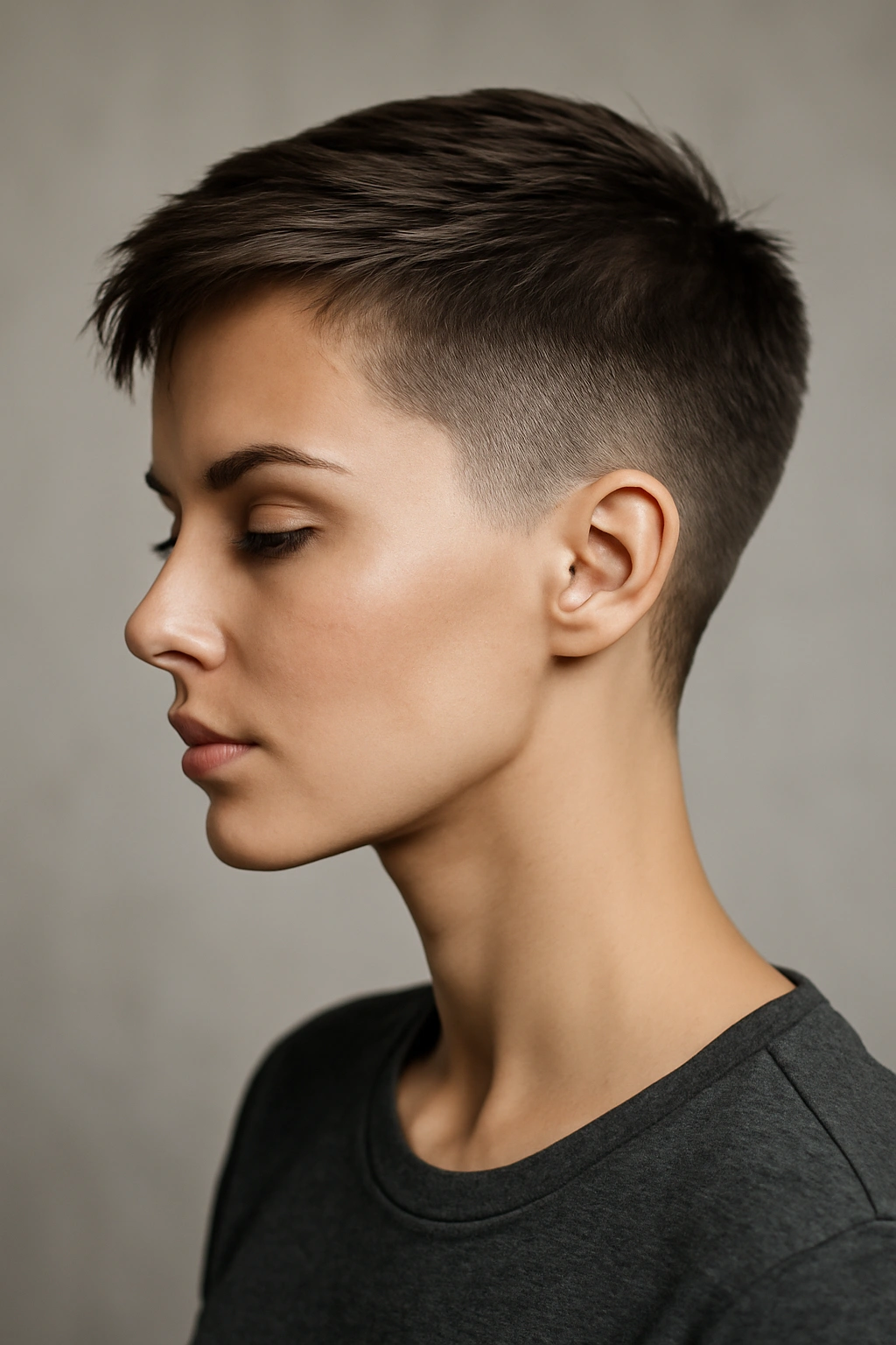 Profile view of a tapered pixie with a sharp fade and longer top in a neutral studio setting
