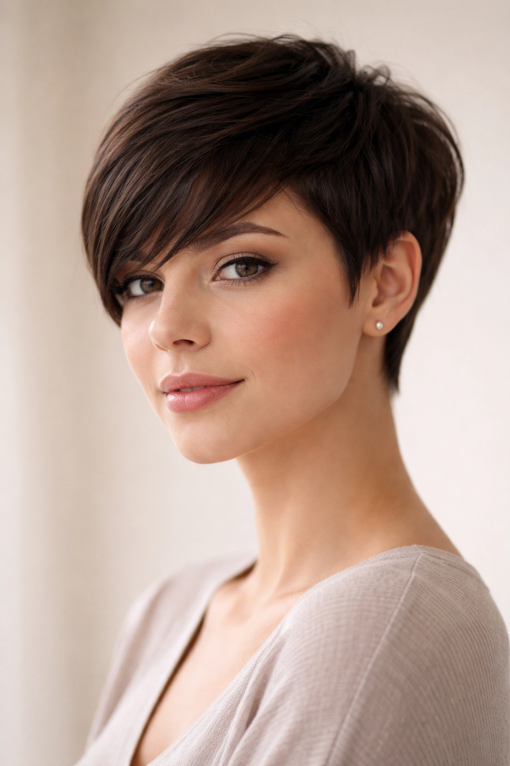 15 Pixie Styles Perfectly Suited To Round Faces 4 Front three-quarter view of a tapered pixie with longer bangs sweeping the forehead.
