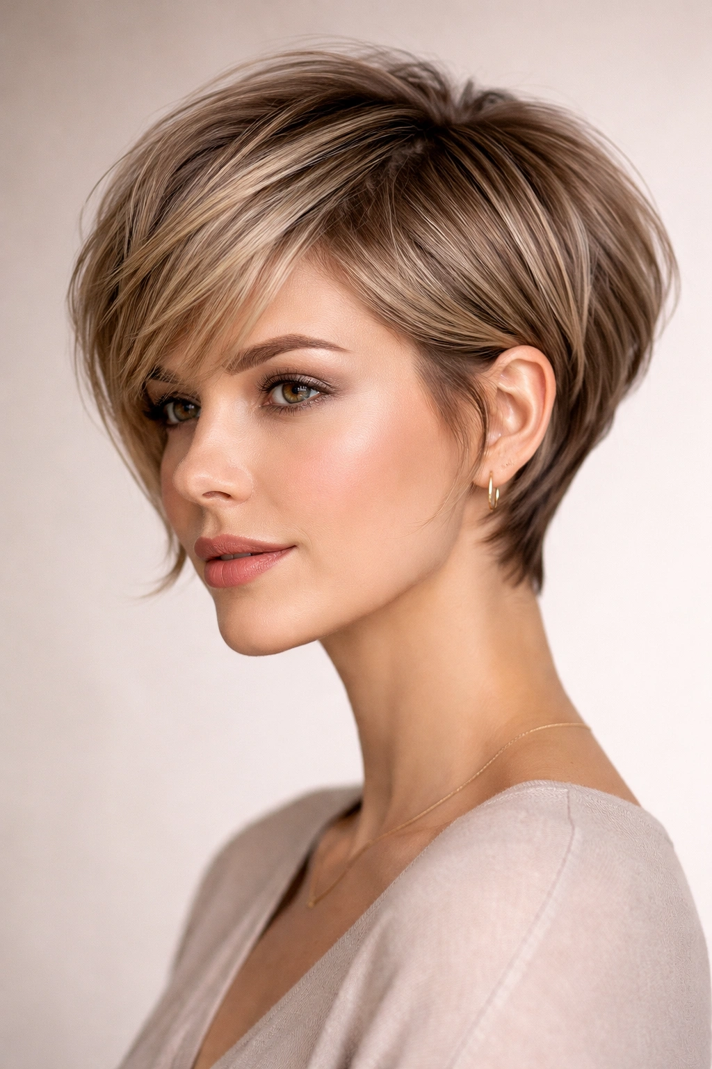 Tapered pixie-bob hybrid with crown lift and face-framing pieces