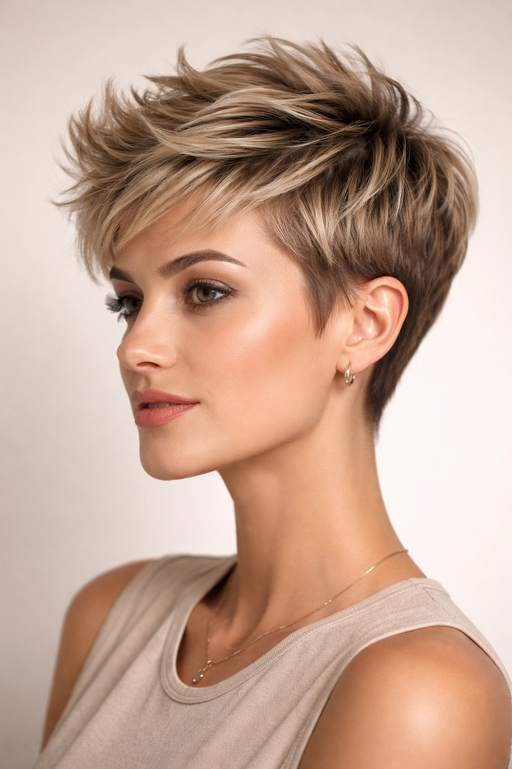 Close-up portrait of The Tapered Pixie with Textured Crown Layers showing crown texture and tapered silhouette