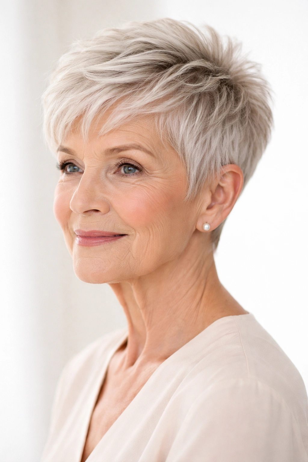 Tapered pixie hairstyle with textured crown on an older woman