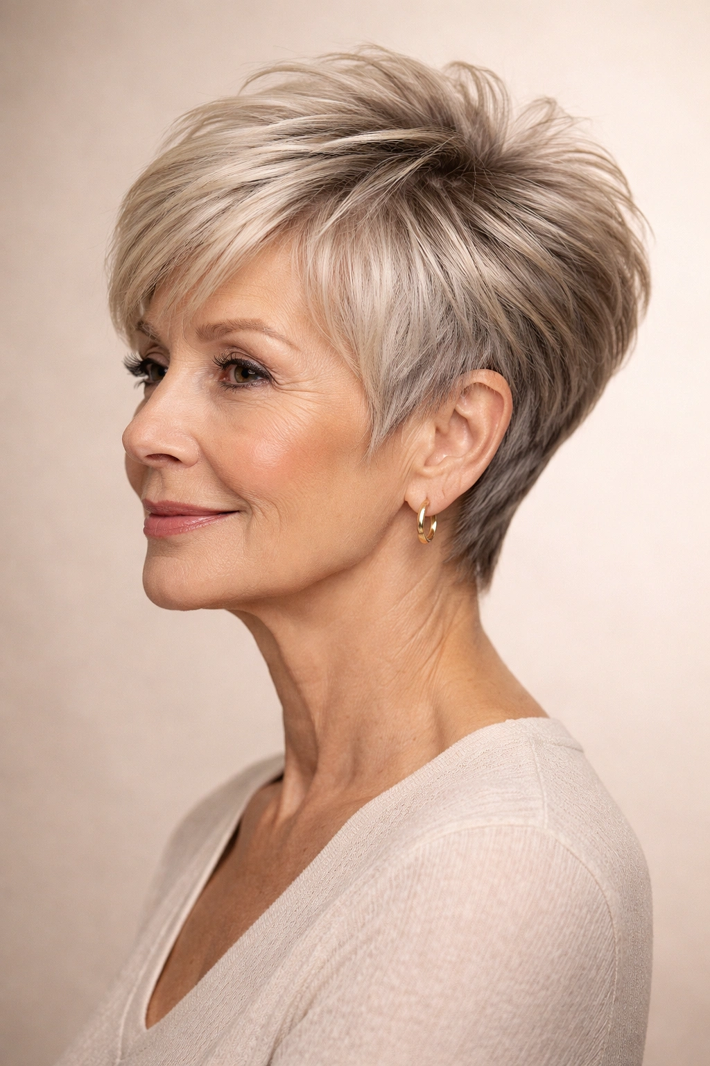 Woman with tapered pixie and crown layers highlighting crown lift and silhouette