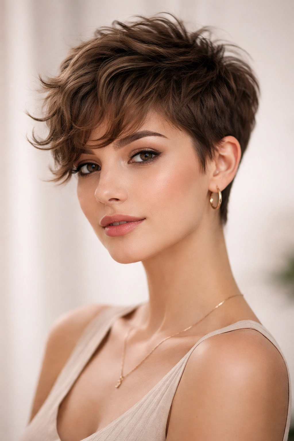 Tapered pixie with textured top and curled fringe