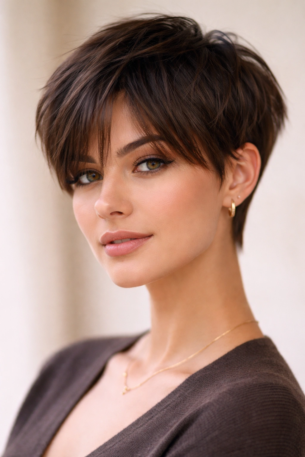 18 Pixie Cuts With Bangs For Any Face Shape 8 Portrait of The Tapered Pixie with Curtain Bangs with center-parted bangs and tapered sides.