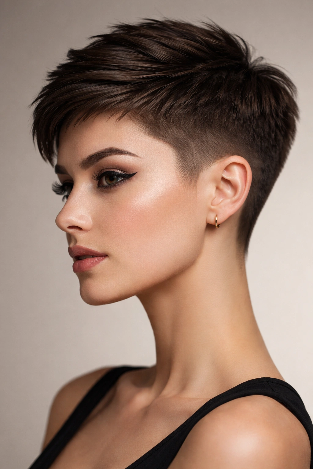Close crop of a tapered pixie cut with short sides and longer top